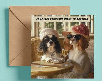 Tarjeta divertida con Prosecco para perros: "De una perra fabulosa a otra" - Dos perros con sombreros y gafas de sol - Tarjeta atrevida de cumpleaños o celebración