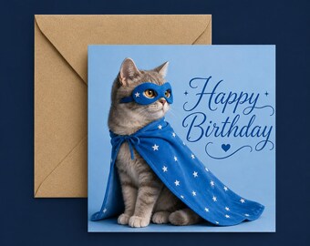 Superhero Cat Birthday Card, Whimsical Animal Lover Greeting, Blank Inside