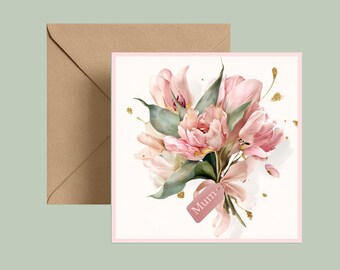 Elegant Tulip Mother’s Day Card – Pink Floral Bouquet Mum Greeting (UK)