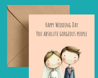 Wedding Card for Couple – Happy Day Bride Groom Illustration – Humorous Modern Congratulations