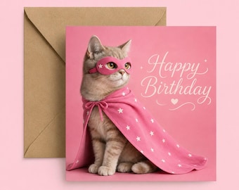 Superhero Cat Birthday Card, Pink Cape, Star Pattern, Cat Lover Gift, Blank Inside