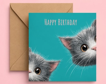 Kitten Birthday Card, Peeking Cats, Blank Greeting Card, Cat Lover Gift