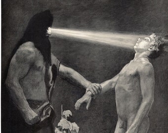 May include: A black and white drawing of two figures. The figure on the left is wearing a hooded cloak and is holding out their hand towards the figure on the right. The figure on the right is nude and is looking up at the figure on the left. A beam of light is emanating from the figure on the left's hand.