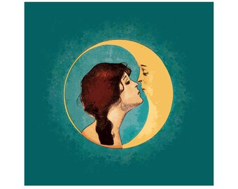 Impresión artística vintage de Mujer besando la luna: póster de portada de cancionero