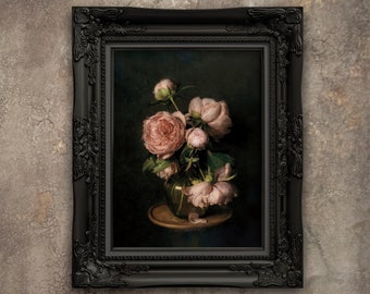 Moody Floral Print. Moody Vintage Art. Moody Flower Still Life. Moody Vintage Flower Print. Vintage Flower Print. Dark Oil Painting.