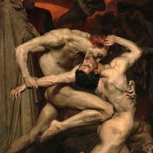 May include: A painting depicting a scene from Dante's Inferno. Two nude figures wrestle in a fiery underworld, while a winged demon watches from above. Two figures in the background wear robes and observe the scene.