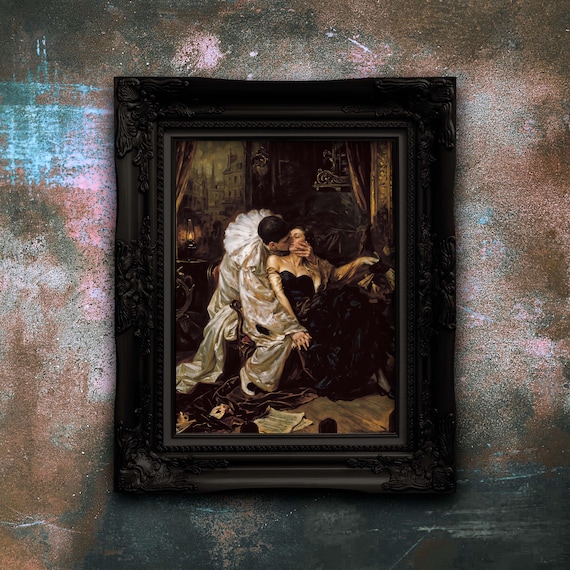Pierrot’s Kiss Dark Romantic Art Print - Gothic Wall Decor, Moody Victorian Aesthetic Poster, Carlos Bonvalot Inspired Wall Art