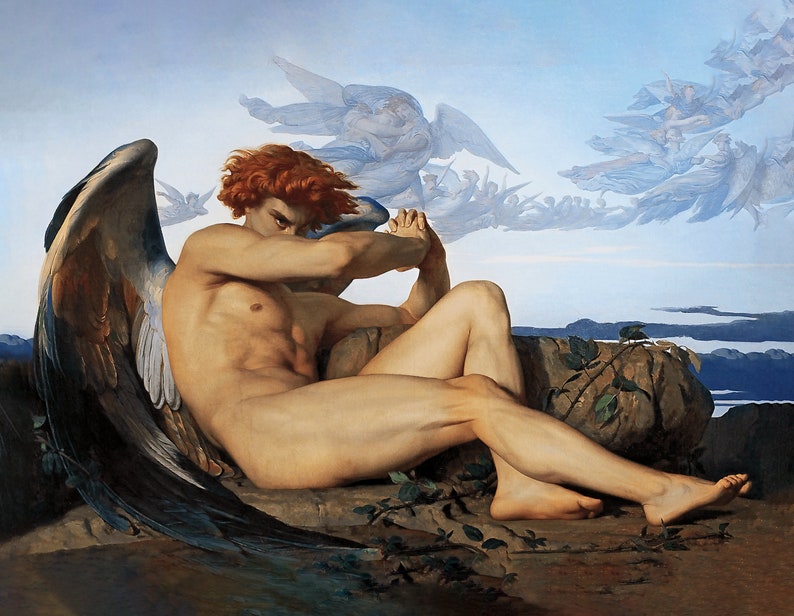 May include: A painting of a fallen angel with large, dark wings. The angel is depicted as a muscular, nude male figure with red hair. The angel is lying on a rocky surface with a vine growing on it. The background is a blue sky with clouds and other angels flying in the distance.