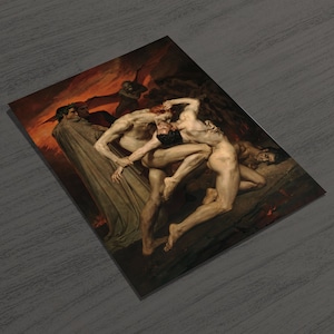 May include: A painting depicting a scene of chaos and struggle. Three figures are shown in a dark, fiery setting, with one figure attempting to escape the grasp of another. The painting is filled with dramatic lighting and intense emotion.
