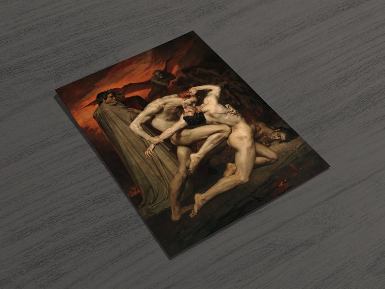 May include: A painting depicting a scene of chaos and struggle. Three figures are shown in a dark, fiery setting, with one figure attempting to escape the grasp of another. The painting is filled with dramatic lighting and intense emotion.