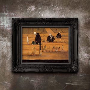 May include: An art print in a black ornate frame depicting a surreal scene of skeletal figures gardening. The artwork has a warm, earthy colour palette. The gothic-style print would suit a unique interior.