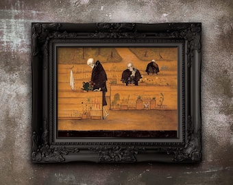 Puede incluir: Una impresión artística enmarcada que presenta una escena surrealista con figuras esqueléticas cuidando un jardín. La obra de arte está ambientada sobre un fondo cálido y terroso y encerrada en un marco negro ornamentado, creando una estética gótica.