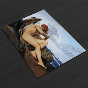 May include: A painting of a winged angel with red hair, sitting on a rock with a dramatic landscape in the background. The angel is nude and has its wings spread out behind it. The painting is done in a realistic style and has a somber tone.