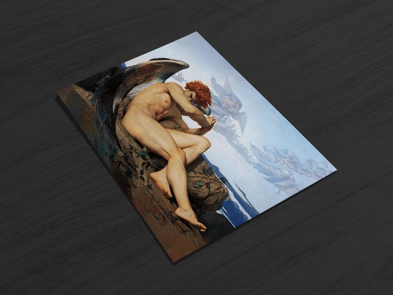 May include: A painting of a winged angel with red hair, sitting on a rock with a dramatic landscape in the background. The angel is nude and has its wings spread out behind it. The painting is done in a realistic style and has a somber tone.