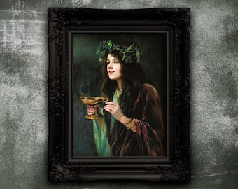 May include: A framed portrait of a woman holding a golden chalice, adorned with a laurel wreath. The woman wears a green and burgundy robe. The ornate black frame adds a touch of elegance to the artwork.