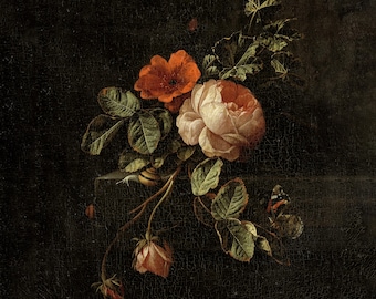 Stampa artistica floreale malinconica: natura morta con rose cottagecore scure