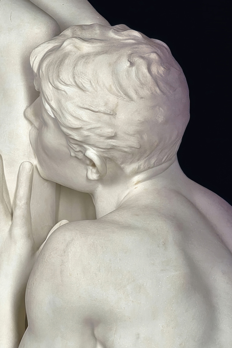 May include: A white marble sculpture of a person with their head tilted back and their mouth open. The sculpture is detailed and realistic, with visible hair, neck, and shoulders.