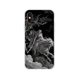 May include: Black and white illustration of Death riding a skeletal horse through a dark sky, surrounded by demons. The image is a classic depiction of the Grim Reaper.
