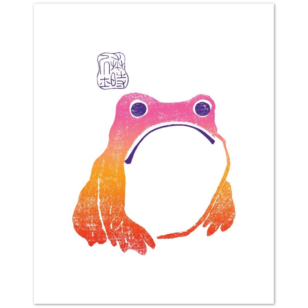 松本豊治作「カエル」アートプリント：日本の木版画、虹色のカエル（額