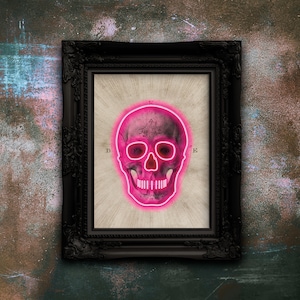 Arte de calavera rosa, texto de neón rosa, impresión artística vintage con diagrama de esqueleto de neón rosa, impresión vintage de esqueleto, arte médico vintage