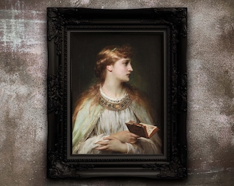 May include: A framed portrait of a woman with auburn hair, wearing a white dress and a decorative collar, holding a book. The portrait is in a black ornate frame, set against a textured, neutral-toned wall.