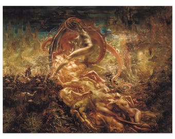 May include: A classical painting depicting nude figures in a dramatic, fiery landscape. The artwork features a central figure with flowing red hair and a serpentine form, surrounded by other figures in shades of gold and green.