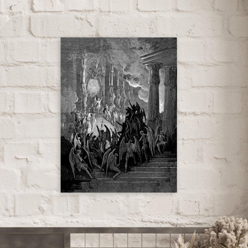 Gustave Dore Satan i rådet Konsttryck | Mörkt ockult Paradise Lost Väggdekor | Gotisk mytologisk gravyr Matt Poster | Dark Academia bild 17