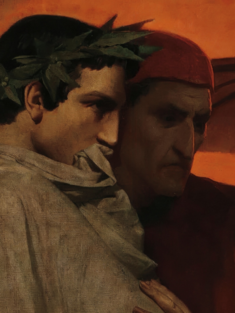 May include: A painting of two men, one wearing a laurel wreath and the other a red hat. The man with the wreath is looking down, while the man with the hat is looking straight ahead. The background is a warm orange color.