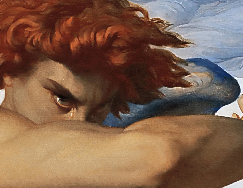 May include: A close-up of a painting depicting a winged angel with red hair, looking down with a tear rolling down their cheek.
