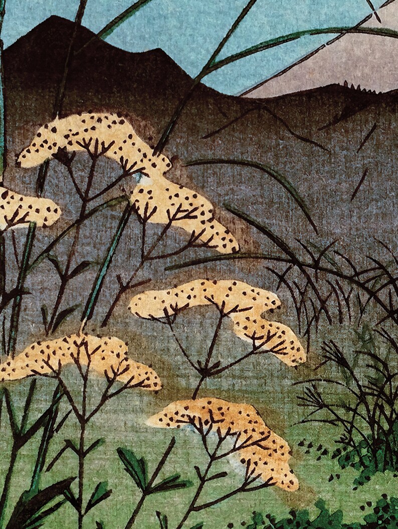 May include: A Japanese woodblock print depicting a landscape with a mountain in the background and yellow flowers in the foreground. The flowers are delicate and have a soft, yellow color. The mountain is a dark gray color and is partially obscured by the flowers. The print is done in a traditional Japanese style, with a focus on detail and realism.