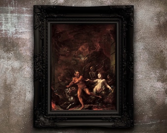 May include: A framed painting with a dark, ornate black frame. The artwork depicts a dramatic scene with figures in a fiery, hellish environment. The color palette is dominated by reds, browns, and blacks, creating a sense of intensity and foreboding.