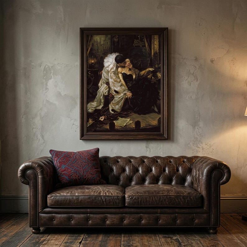 Pierrot’s Kiss Dark Romantic Art Print - Gothic Wall Decor, Moody Victorian Aesthetic Poster, Carlos Bonvalot Inspired Wall Art image 2