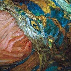 Puede incluir: Pintura abstracta con pinceladas en espiral en tonos de azul, verde, amarillo y marr&oacute;n. Los colores se mezclan para crear una sensaci&oacute;n de movimiento y profundidad.