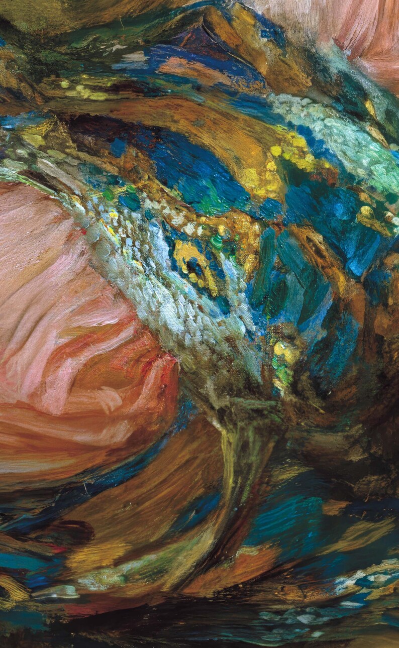 Puede incluir: Pintura abstracta con pinceladas en espiral en tonos de azul, verde, amarillo y marr&oacute;n. Los colores se mezclan para crear una sensaci&oacute;n de movimiento y profundidad.