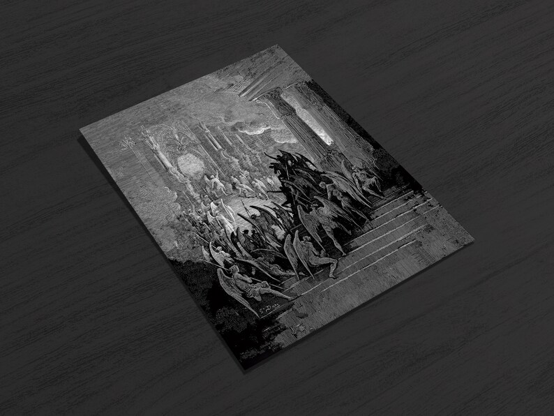 Gustave Dore Satan i rådet Konsttryck | Mörkt ockult Paradise Lost Väggdekor | Gotisk mytologisk gravyr Matt Poster | Dark Academia bild 4