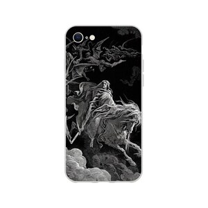 May include: Black and white illustration of Death riding a horse, surrounded by demons and angels. The image is a classic depiction of the Four Horsemen of the Apocalypse.