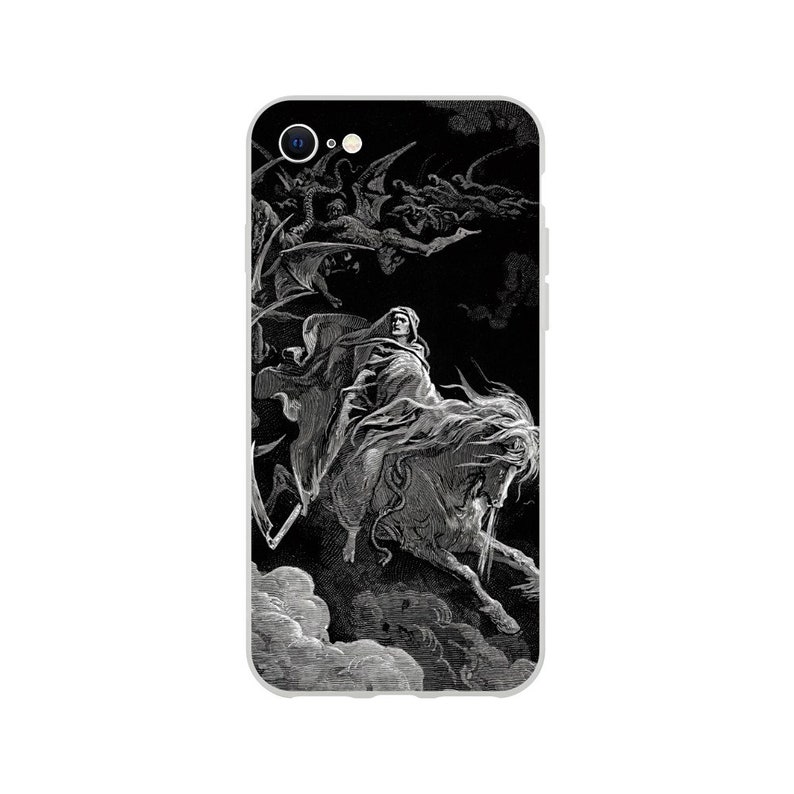 May include: Black and white illustration of Death riding a horse, surrounded by demons and angels. The image is a classic depiction of the Four Horsemen of the Apocalypse.