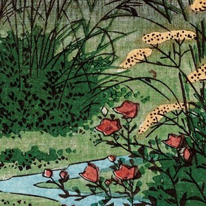 May include: A Japanese woodblock print depicting a stream flowing through a lush green landscape. The stream is surrounded by vibrant green foliage and red flowers. The print features a delicate and intricate style.