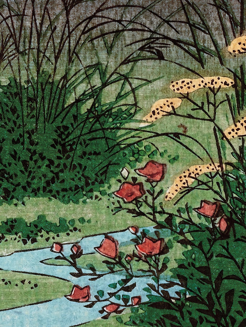 May include: A Japanese woodblock print depicting a stream flowing through a lush green landscape. The stream is surrounded by vibrant green foliage and red flowers. The print features a delicate and intricate style.