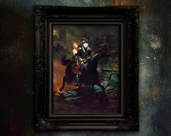 May include: A framed oil painting depicting a knight in armor riding a black horse. The knight is wearing a helmet and holding a sword. A woman in a white dress is riding behind the knight. The painting is set against a dark background with a faint glow in the distance.