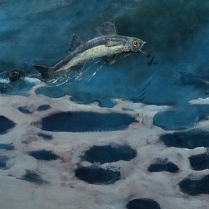May include: A painting of a fish swimming in the ocean. The fish is silver and has a dark back. The water is a deep blue colour and there are white waves in the background.