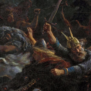 May include: A close-up of a painting depicting a battle scene. A warrior in chainmail armor and a horned helmet raises a sword, while another warrior lies on the ground. The scene is filled with action and drama, with a sense of urgency and chaos.