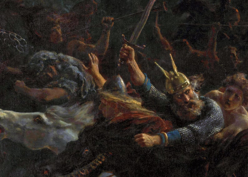 May include: A close-up of a painting depicting a battle scene. A warrior in chainmail armor and a horned helmet raises a sword, while another warrior lies on the ground. The scene is filled with action and drama, with a sense of urgency and chaos.