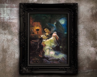 May include: A framed print of a dark, romantic painting featuring a winged figure embracing a person in a white gown. The scene is set in a dimly lit interior with a glowing candle and a moonlit window. The frame is ornate, black, and rectangular.