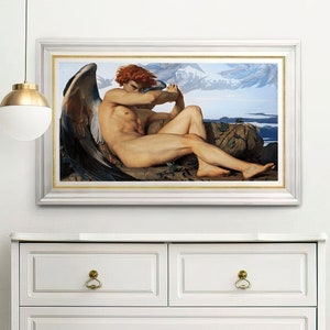 May include: A framed painting of a winged angel lying on a rock with a mountainous landscape in the background. The angel has red hair and is looking down at the viewer.