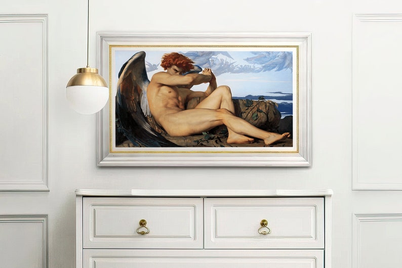 May include: A framed painting of a winged angel lying on a rock with a mountainous landscape in the background. The angel has red hair and is looking down at the viewer.
