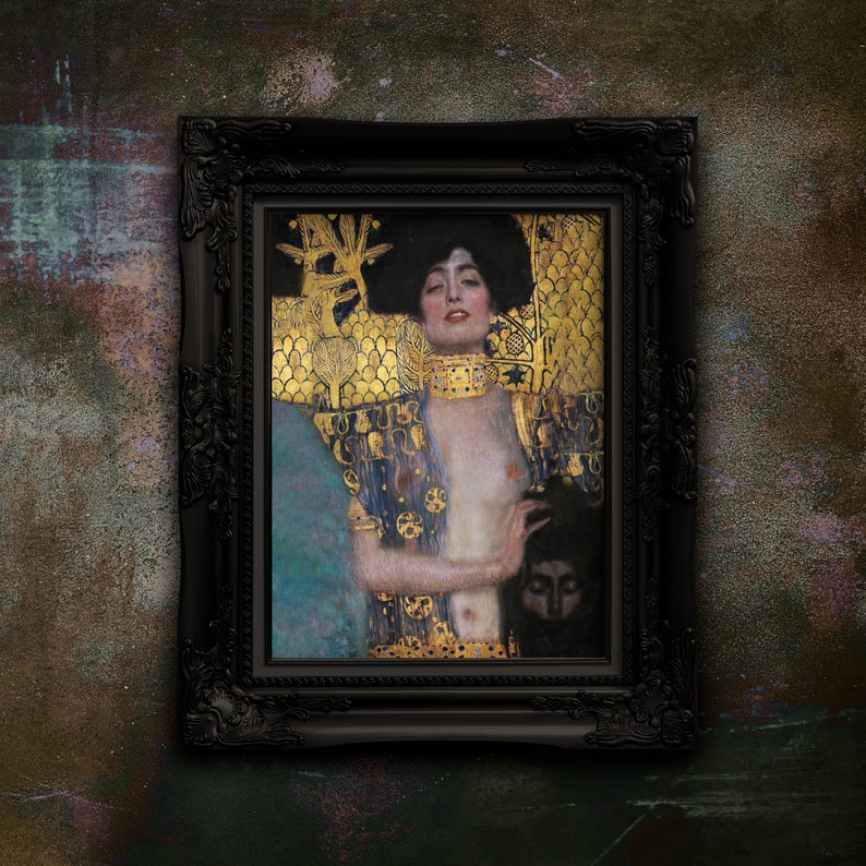 May include: A framed painting of a woman with long dark hair wearing a gold and blue robe. The woman is looking at the viewer with a serious expression. The background is a gold and black pattern.