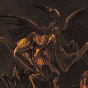 Pode incluir: Uma ilustra&ccedil;&atilde;o art&iacute;stica de um p&aacute;ssaro esquel&eacute;tico com asas abertas, em tons de castanho e dourado. A obra de arte tem uma atmosfera escura e dram&aacute;tica, com a estrutura &oacute;ssea do p&aacute;ssaro em destaque contra um fundo sombreado.