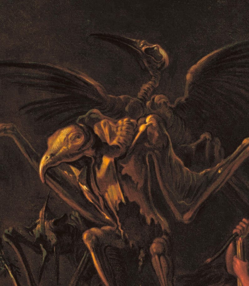 Pode incluir: Uma ilustra&ccedil;&atilde;o art&iacute;stica de um p&aacute;ssaro esquel&eacute;tico com asas abertas, em tons de castanho e dourado. A obra de arte tem uma atmosfera escura e dram&aacute;tica, com a estrutura &oacute;ssea do p&aacute;ssaro em destaque contra um fundo sombreado.