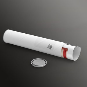May include: White mailing tube with a red and white label that says "Art Print Store" and a rolled up print inside. The tube is open and a silver cap is lying next to it.
